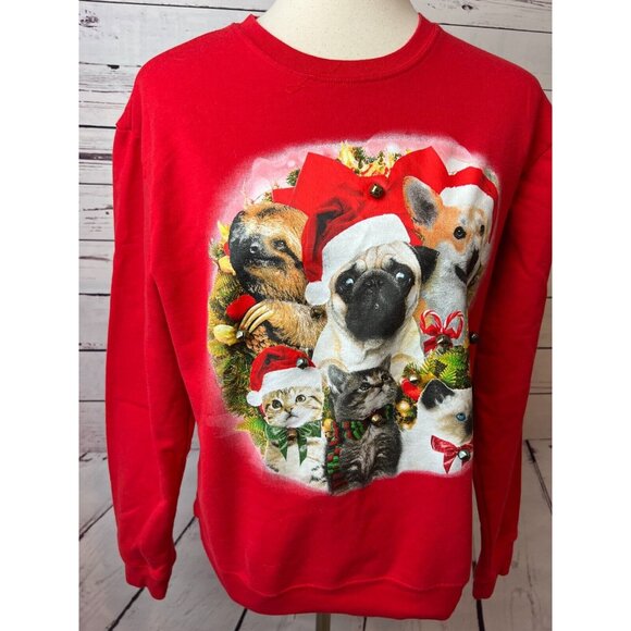 Ugly Christmas Sweater Dogs Cats Pug Dog Womens Sweatshirt Large Fifth Sun Bells - Picture 5 of 7
